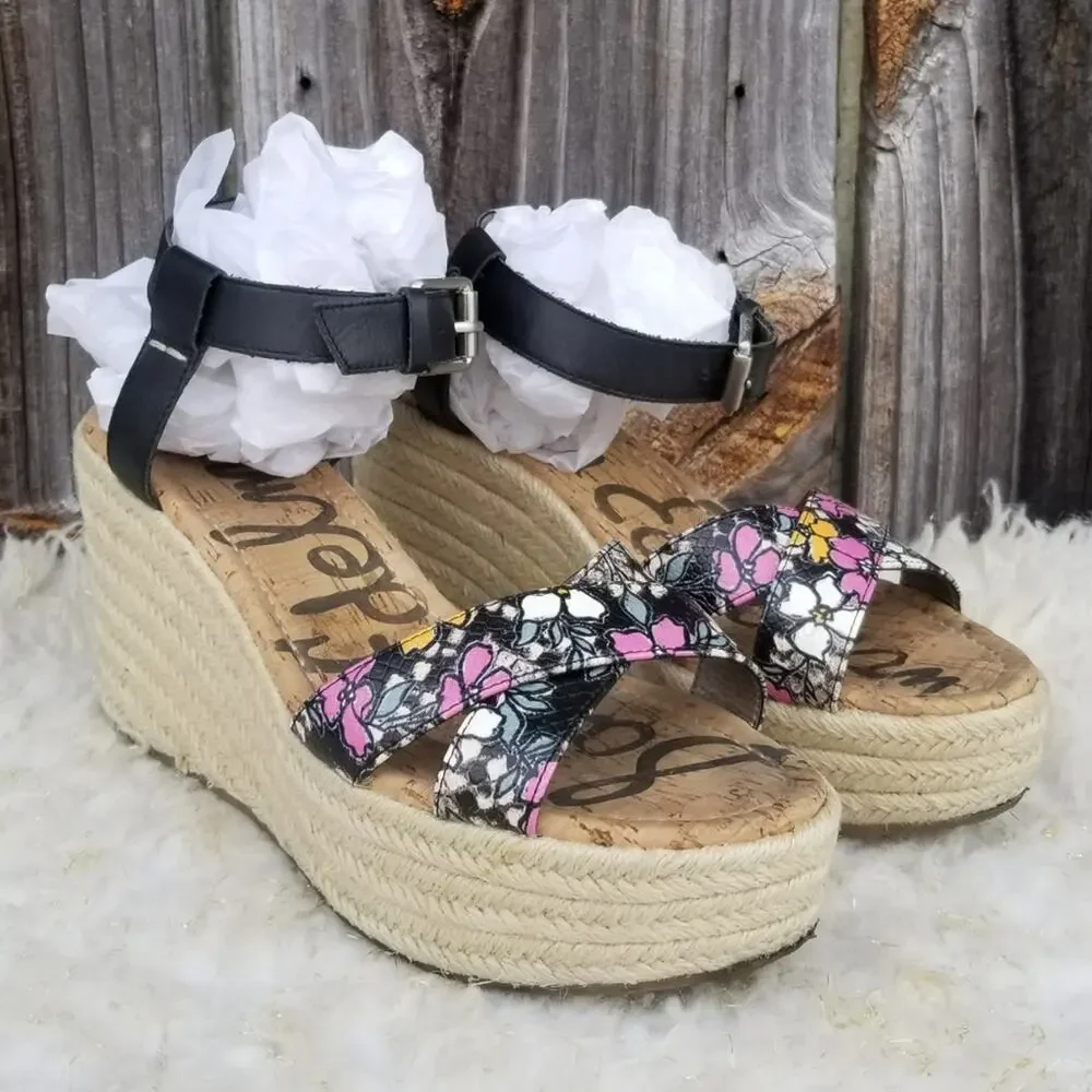Platform Wedge Espadrille Sandals Sam Edelman Destin Size 10 Black Leather Strap